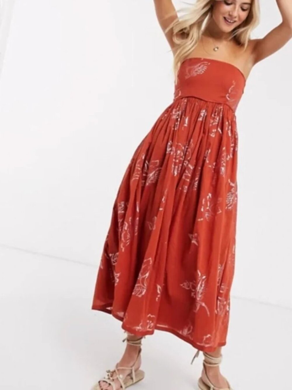 Free People Baja Babe Midi Dress Copper Combo Strapless Boho Size Small